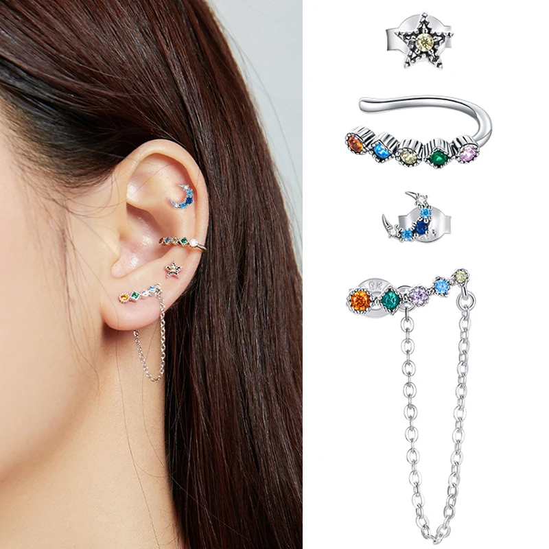 Серьги-гвоздики серебряные с Луной и звездой 4 шт. | Украшения аксессуары