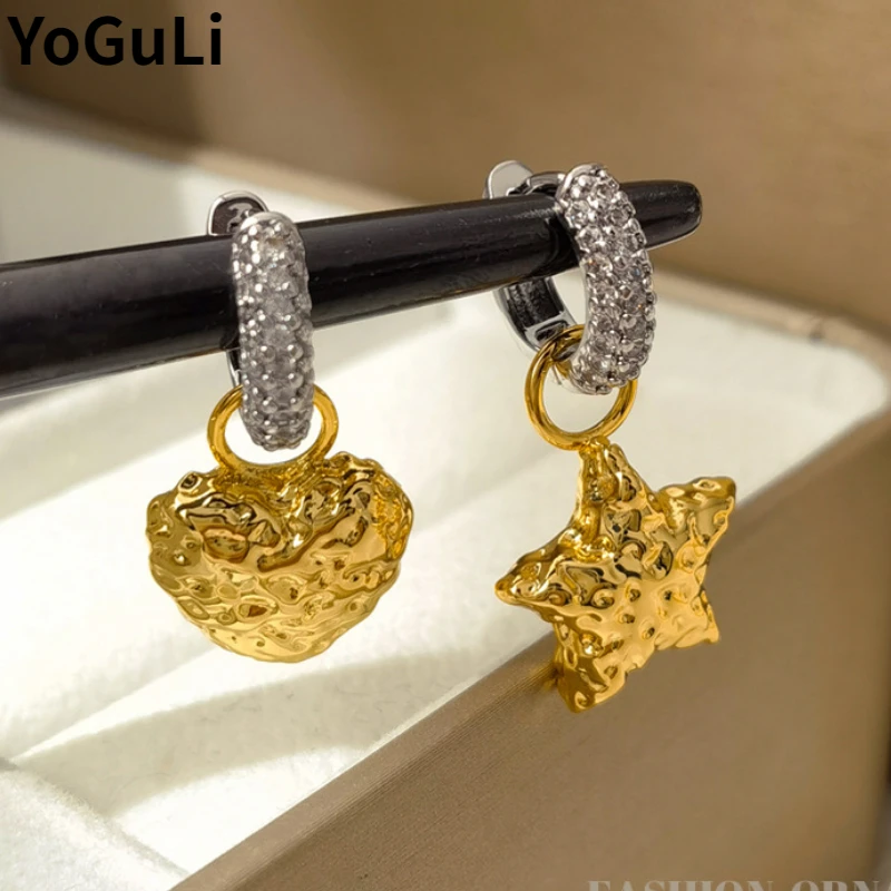 

Modern Jewelry Star Heart Earrings Hot Sale Popular High Quality Brass Zircon Buckle Asymmetrical Drop Earrings For Women Gift