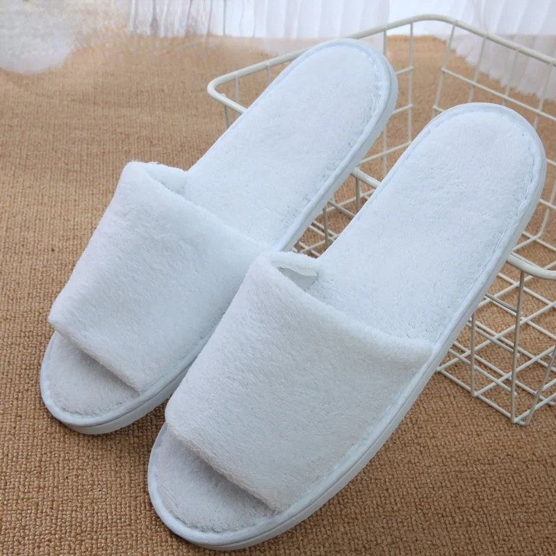 5Pairs/Lot Men Women Cheap Disposable Hotel Slippers White Coral Fleece Open Toe Home Cotton Slides Travel SPA Guest Slipper