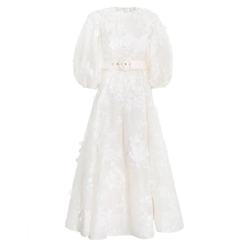 

New Women's Linen + Silk Embroidery Fashion Long Dress With Belt