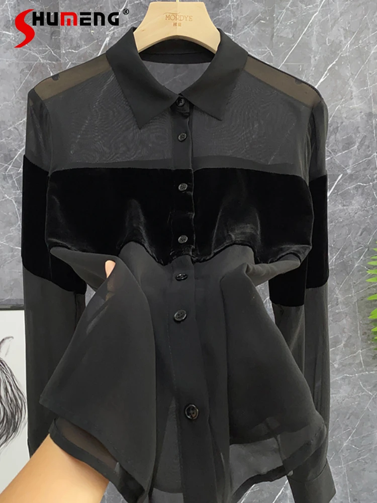 

Luxury Women's Bluses Sexy Silk Velvet Stitching Single-breasted Black Long Sleeve Shirts Women's Fall Clothes Blusa Feminina