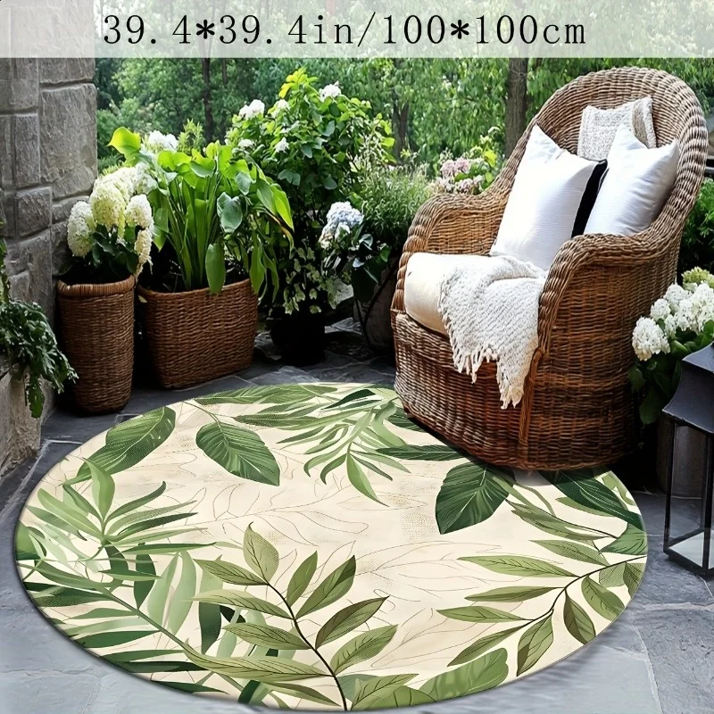 Фото Круглый коврик Green Leaf из фланели, мягкий, нескользящий, с ботаническим декором для гостиной, спальни, улицы, патио, сада, оранжереи №4