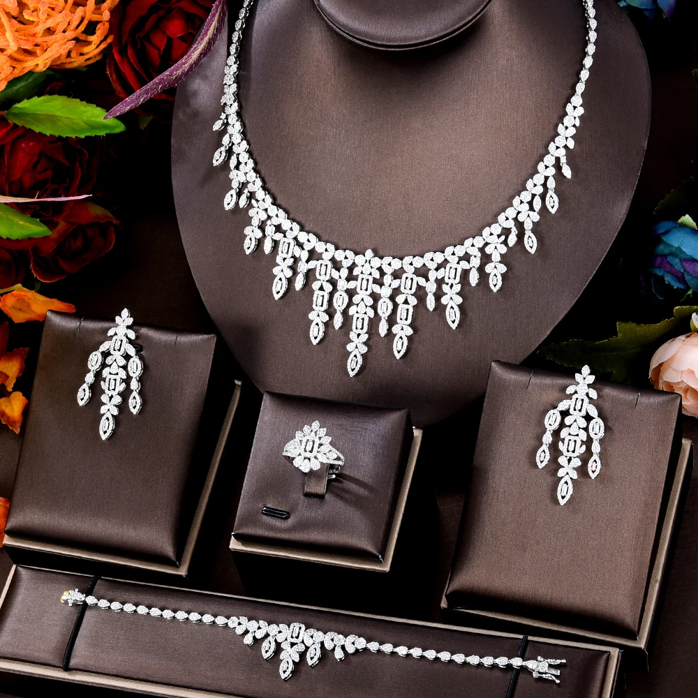 

Missvikki Luxury New Necklace Earrings Bracelet Rings Jewelry Sets 4PCS For Women Indian Nigerian Wedding Jewelery Set Gift