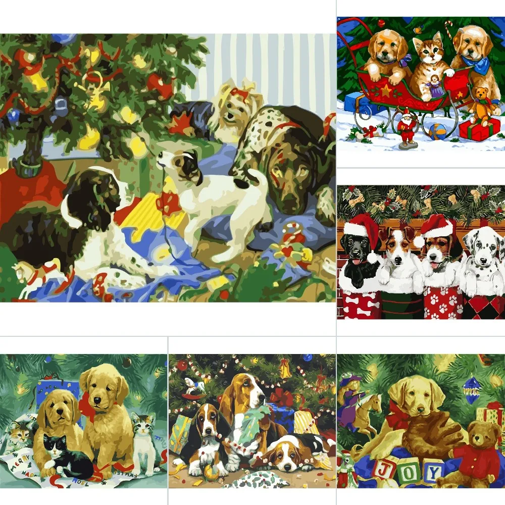 Christmas Dog Painting By Numbers For Adults Kids Kits Hand Painted Drawing Canvas DIY Oil Coloring Paint Picture By Numbers