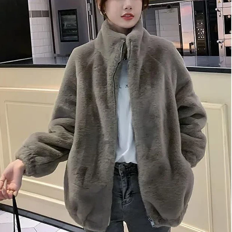 Autumn Winter Stand Collar Faux Fur Casual Fashion Zipper Coat Lady Plus Velvet Thick Warm Cardigan Top Women Loose Wild Outwear