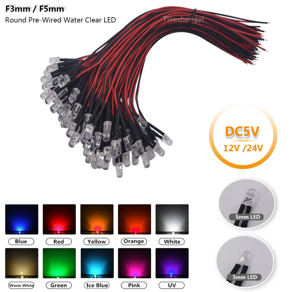 

50pcs 3mm/5mm 5V 12V 24V LED Red/Green/Blue/Yellow/UV/Orange/Pink/Warm/White/RGB Pre-Wired Water Clear Light Emitting Diodes