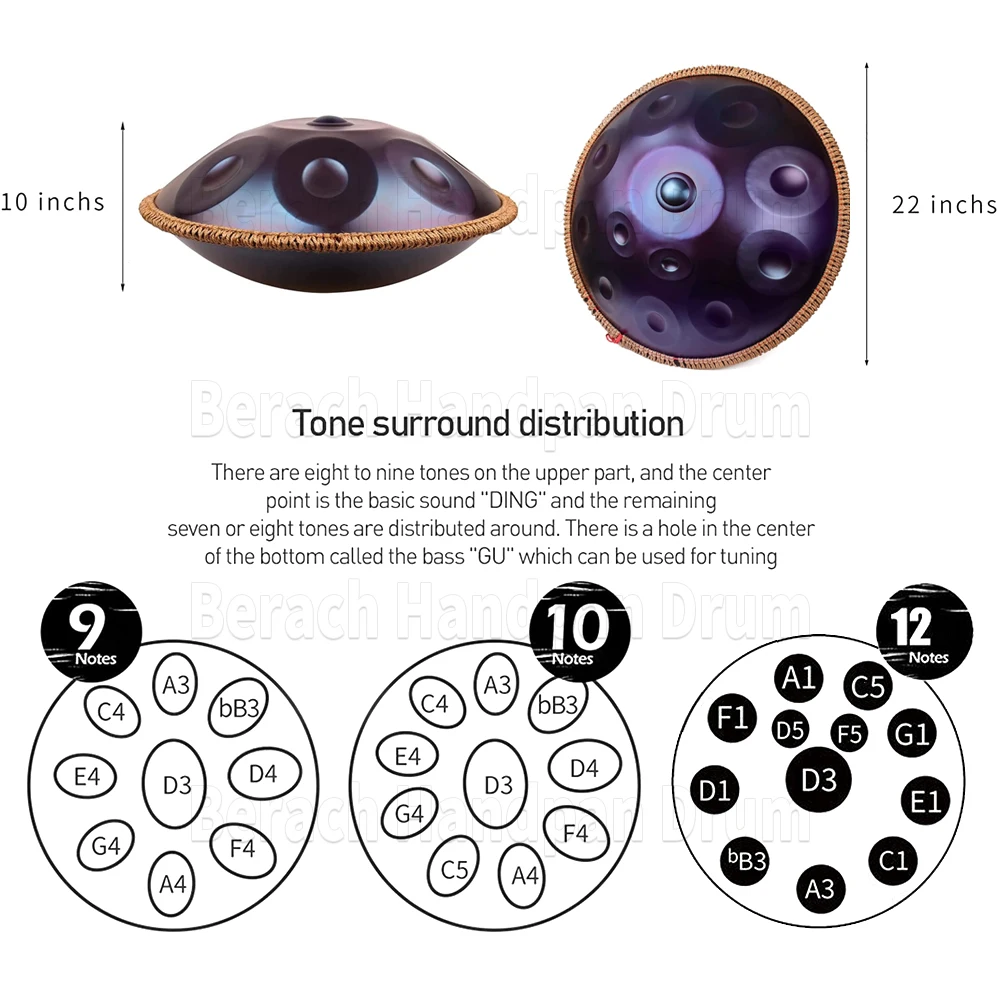Пурпурный барабан Handpan 12 оттенков 22 дюйма D маленький стальной для языка Йога