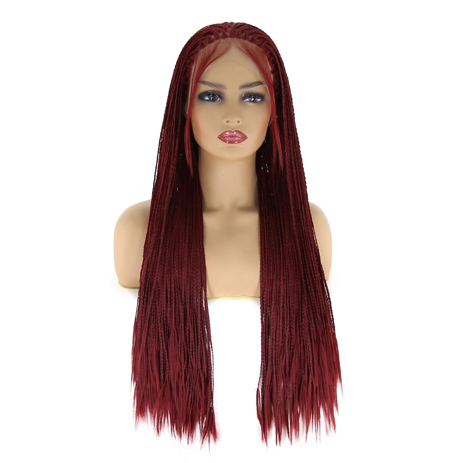 BTWTRY Wine Red Synthetic Lace Front Braided Wig for Black Women Braided with Baby Hair Heat Resistant Fiber Hair