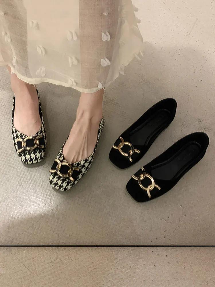

Single shoes women's spring 2022 new metal square toe flat non-slip net red super hot fashion all-match retro scoop shoes