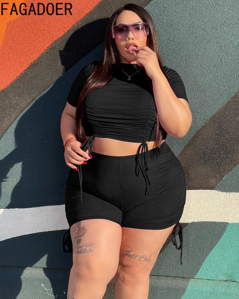 FAGADOER Summer New Solid Shorts Two Piece Set XL-4XL Plus Size Women Round Neck Drawstring Crop Top + Skinny Shorts 2pcs Outfit