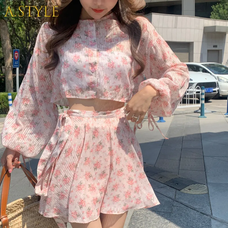 A GIRLS Pink Floral Sweet Two Piece Set Long Sleeve Loose Shirt Blouse Crop Top + Bandage Shorts Sets Holiday 2 Piece Pant Suits