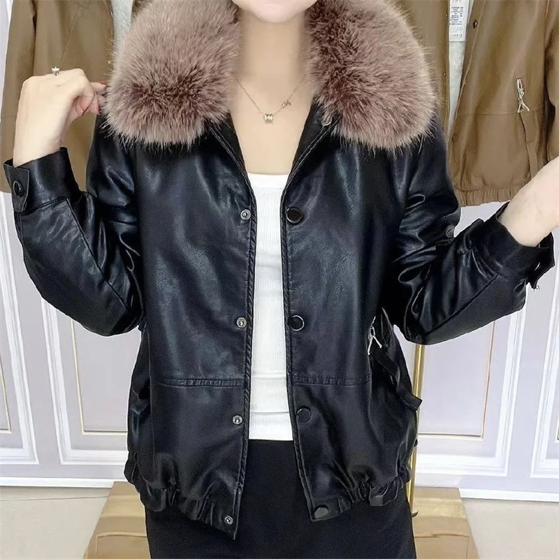 

Женская короткая куртка из ПУ кожи, с меховым воротником