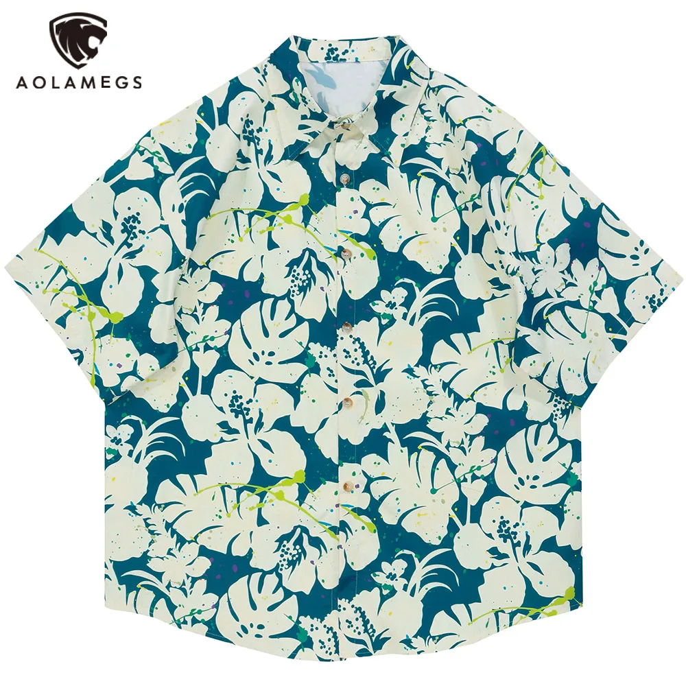 

Aolamegs Men's Shirts Leaves Flower Printed Colorful Turn Down Collar Short Sleeve Tops Breathable Youthful Beach Men's Clothing