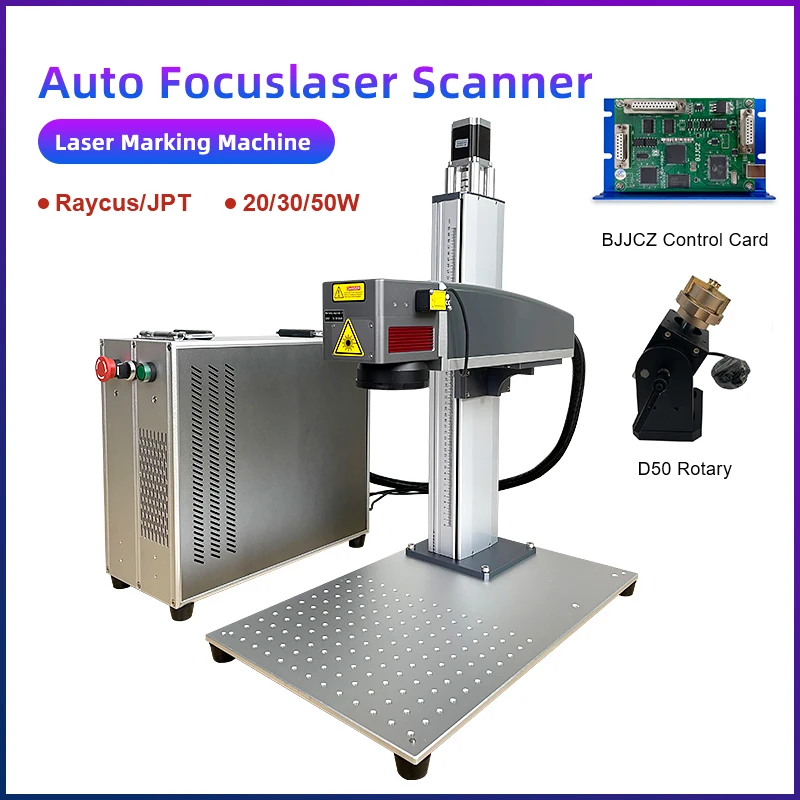 

With D50 Rotary Auto Focus Fiber Laser Marking Machine Raycus JPT 20w 30w 50w Laser Engraver Metal Stainless Steel Cutting Gold