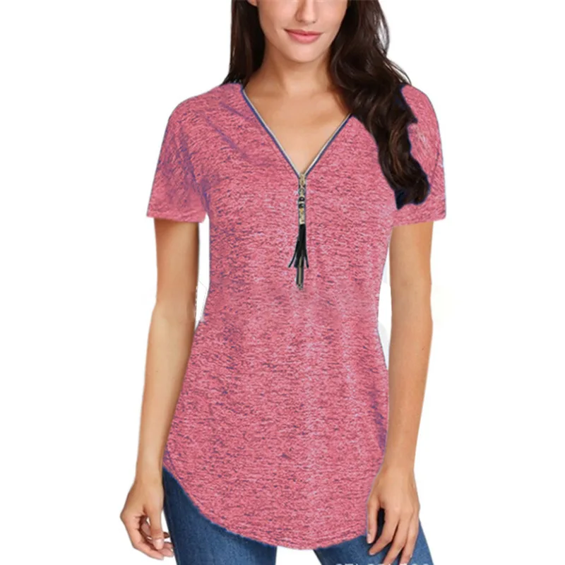 

Fringed zipper solid color short sleeve women's T-shirt BLACK