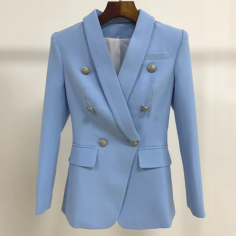 New Sky Blue Blazer Women Suit Classic Double Breasted Sliver Button Shawl Collar Office Ladies Blazers Jackets High Quality