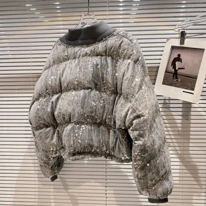 2021 Winter New Ladies Streetwear Short Velvet Gradient Sequin Short Jacket Women's Fashion Simple Solid Color Cotton Coat