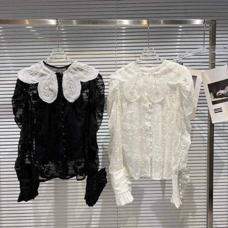 

PREPOMP 2022 Spring New Arrival Petal Shawl Collar Chiffon Crochet Flower Loong Fluffy Sleeve Casual Shirt Women GD692