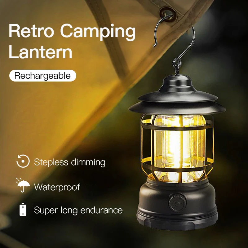 Portable Retro Camping Lantern USB/TYPE-C Rechargeable  Vintage Horse Lamp Hanging Tent Light COB Emergency Outdoor Lighting