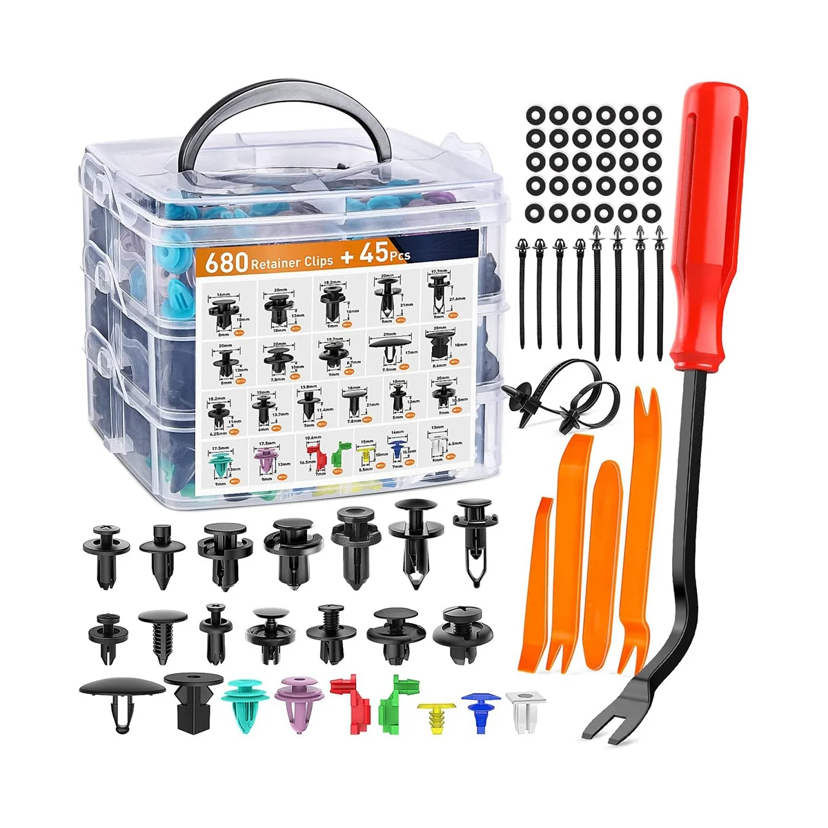 

725Pcs Car Push Retainer Clips & Auto Fasteners Assortment - 23 Prevalent Sizes Bumper Mudguard Rivets with Cable Ties