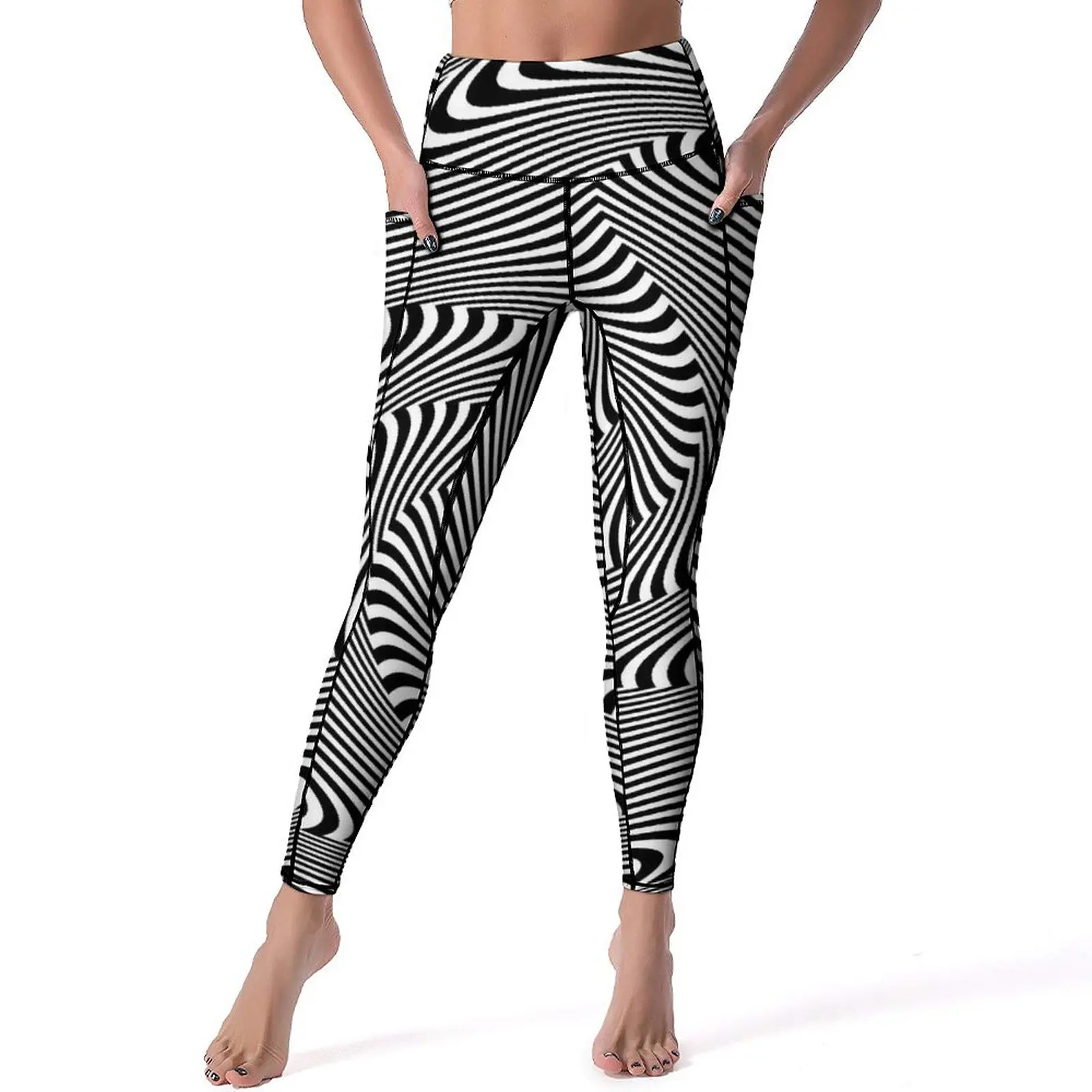 

Black Curve Leggings Sexy Swirl Lines Print Fitness Running Yoga Pants High Waist Stretchy Sports Tights Retro Design Leggins