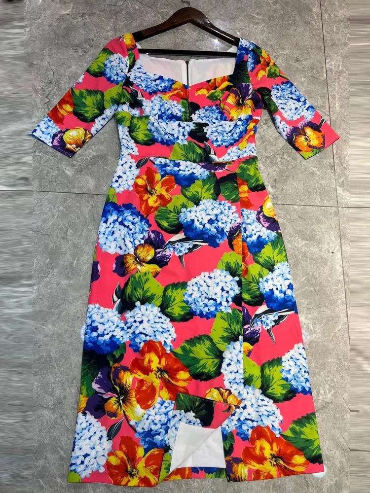 

Красное пикантное платье-карандаш RoosaRosee с квадратным вырезом и коротким рукавом, классическое Цветочное платье средней длины, женское диза...