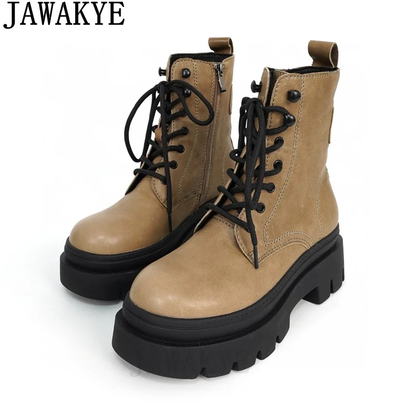 Мотоциклетные ботинки с круглым носком на шнуровке женские ботильоны платформе