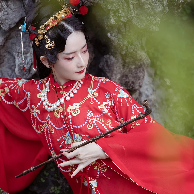 

Красное свадебное платье Hanfu, Оригинальное длинное платье с вышивкой династии Мин, Китайская традиционная одежда для женщин, Сказочная женс...