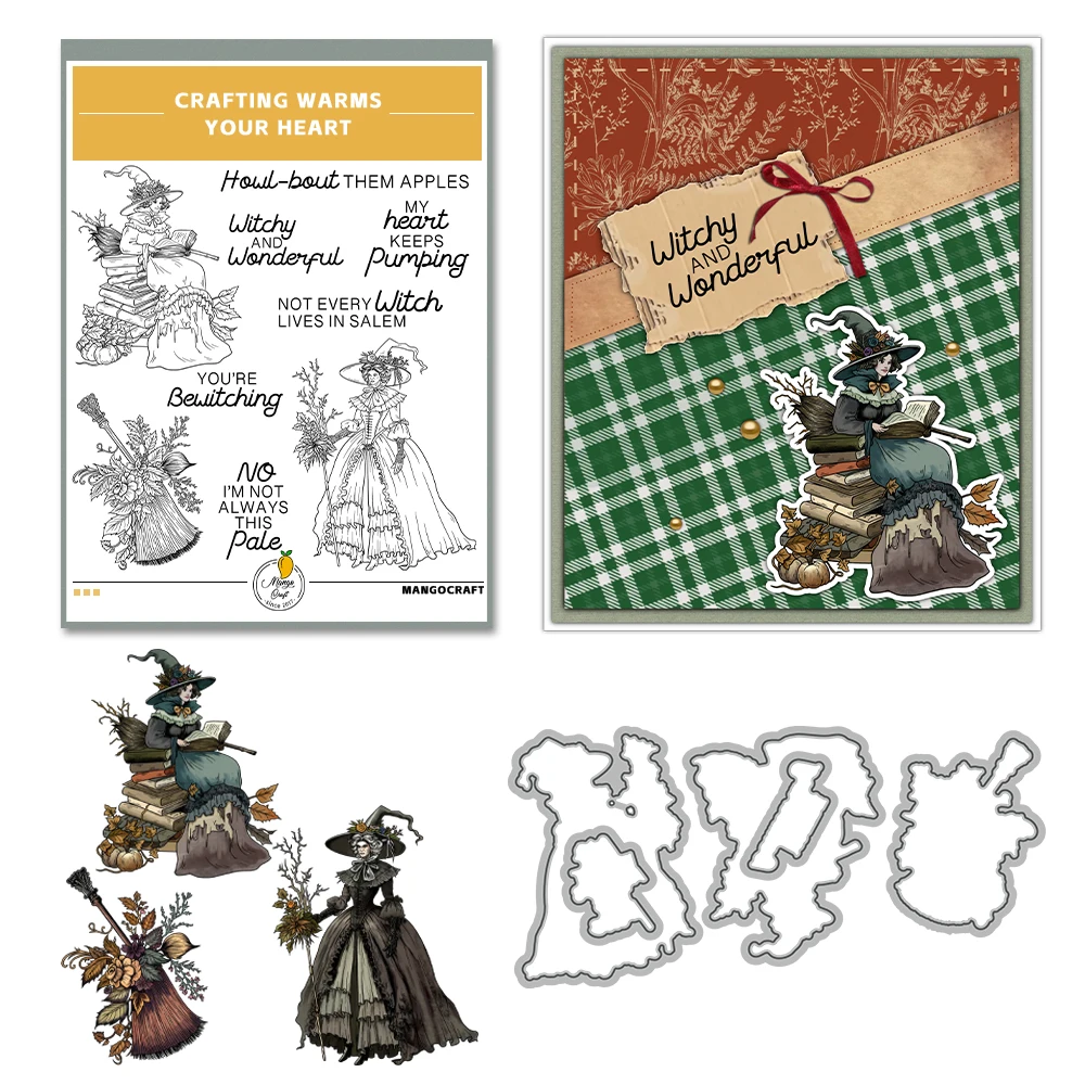 Штамп для Хэллоуина с изображением ведьмы и книг