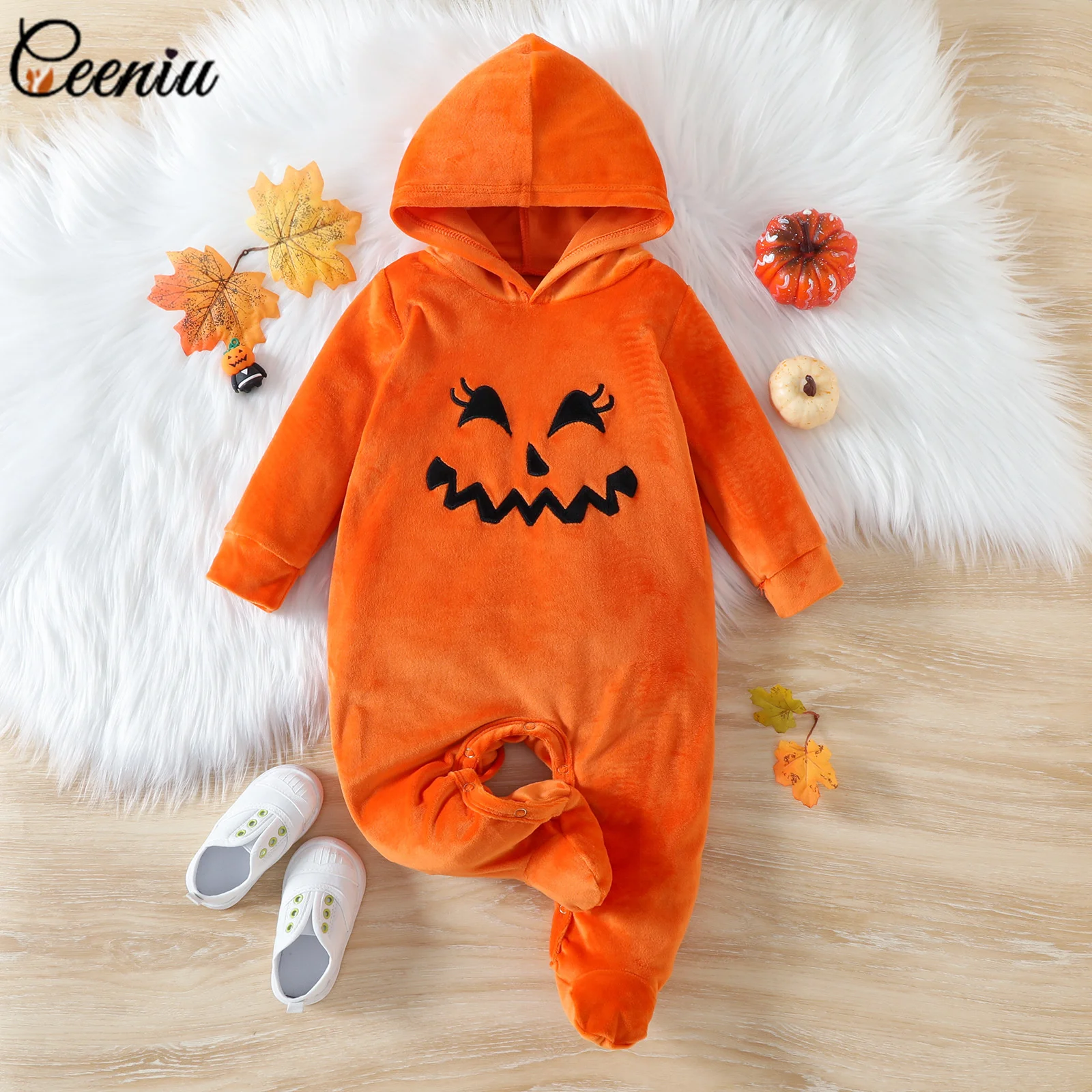 

Ceeniu 0-24M My First Halloween Baby Costume Orange Pumpkin Romper Footed Fleece Jumpsuit For Newborns Baby Halloween Clothes