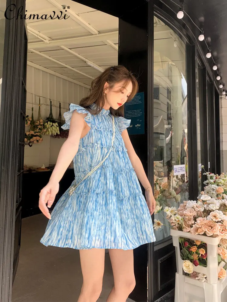 

Irregular Vertical Stripes Sweet Dress Summer Dress French Pleated Half Turtleneck Flying Sleeve A-Line Short Dress for Women