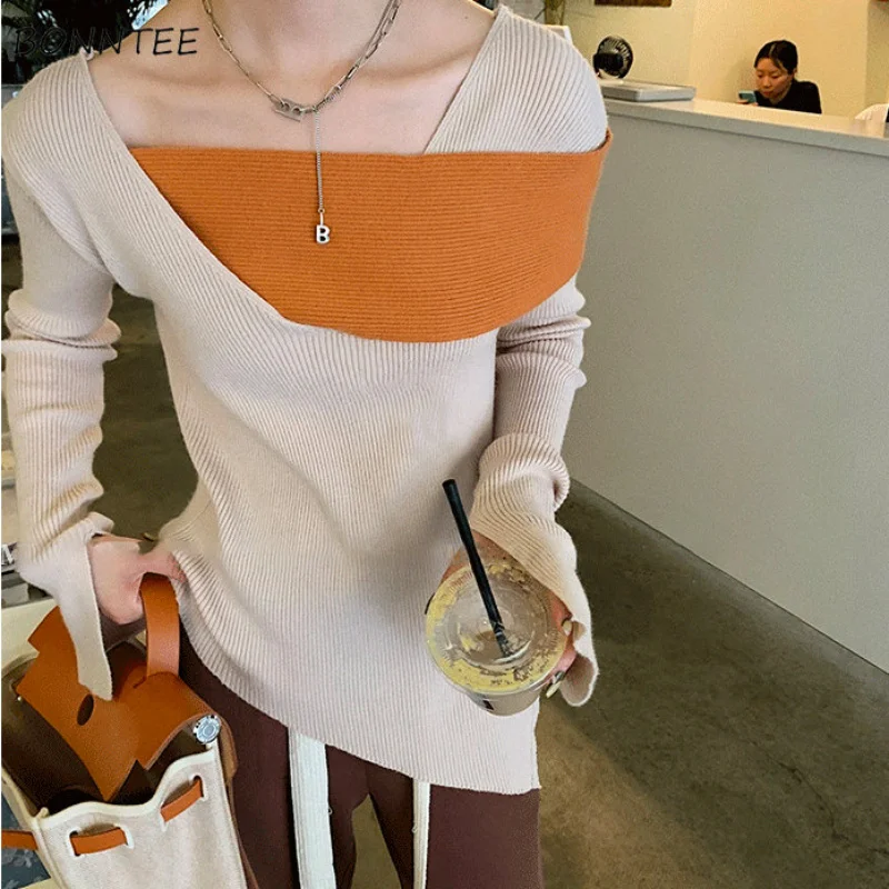 

Женские пуловеры, элегантный нежный приталенный вязаный уютный свитер в стиле пэчворк, Женский эстетичный Модный Универсальный шикарный п...