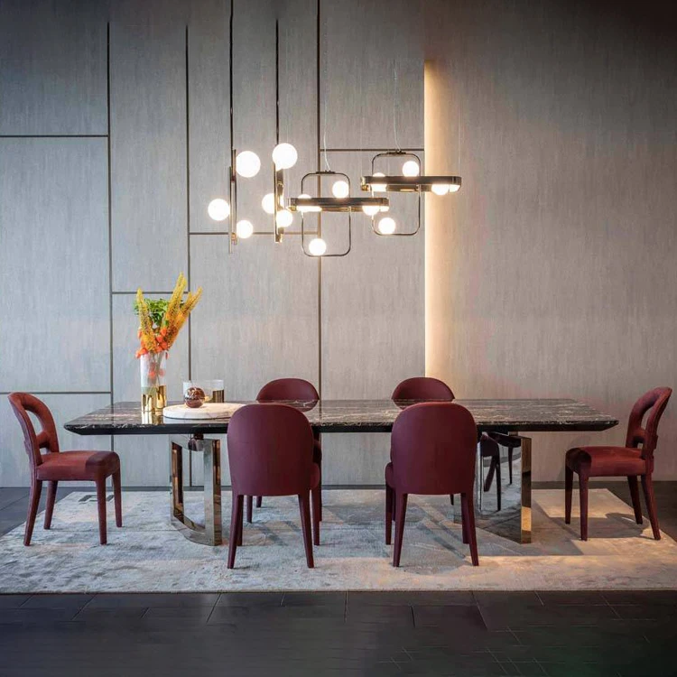 

New stainless steel base modern italy luxury dinner dining room furniture table set marble Dining table and chairs set