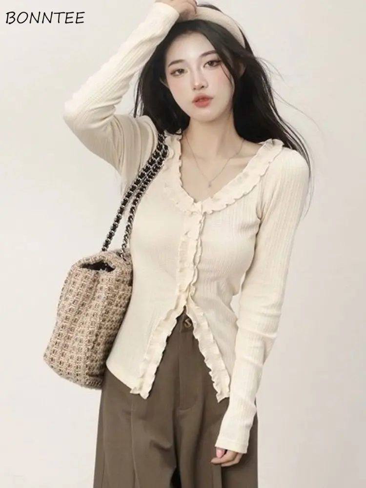 

Блузка женская с оборками, милая Повседневная универсальная изящная простая повседневная Уличная одежда в Корейском стиле, базовая Очаровательная одежда для весны