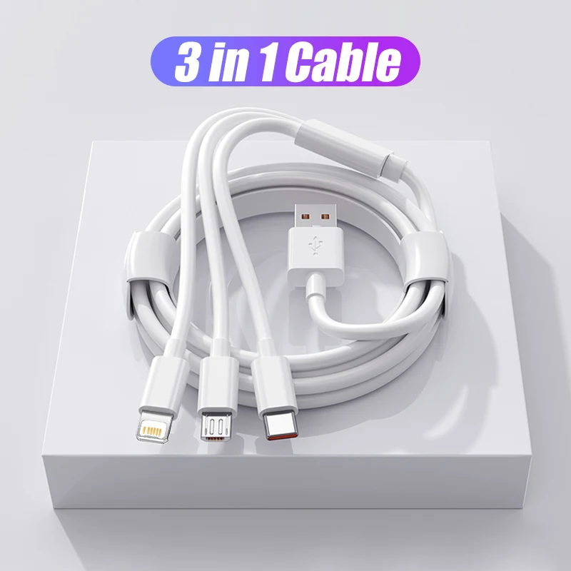 

Original 3 in 1 6A USB Fast Charging Cable For Apple iPhone 14 13 12 11 Pro Max X Type C Micro Lightning Phone Charger Wird Cord