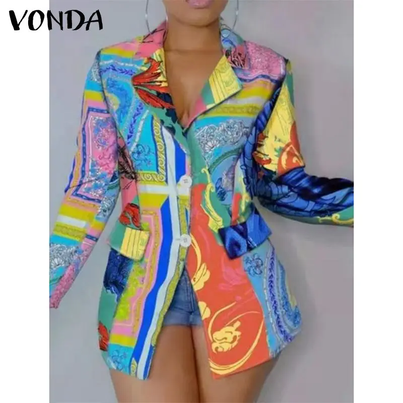 

Женский элегантный офисный Блейзер VONDA 2022, винтажный блейзер с отложным воротником и принтом, повседневное Плиссированное пальто с длинным ...
