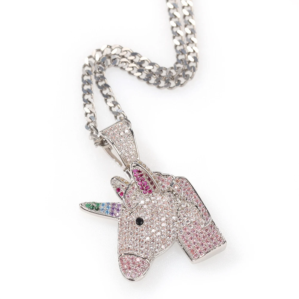 

New Dream Unicorn Pendant Full of Zircon Rainbow Pony Personality Trendy Necklace Cross Border Hip Hop Jewelry