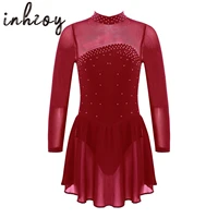 kids girls sparkly rhinestone hollow out back figure ice skating dress ballroonm dance competition stage performance costume