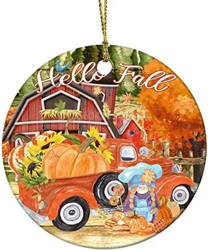 

2022 Funny Harvest Truck Circle Flat Ceramic Ornament Tree Hanging Holiday Party Decor Keepsake Gift for Kids Couples