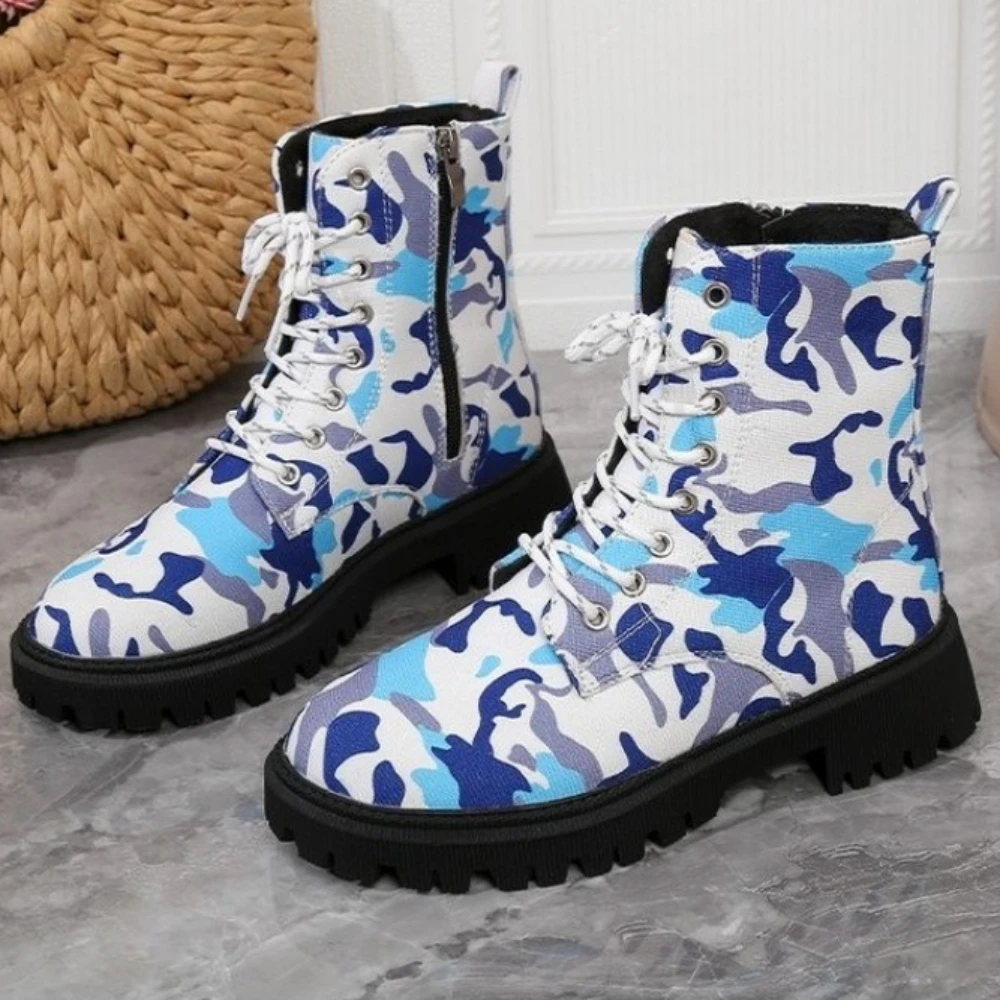 

Women Lace Up Punk Boots 2023 New Female Ankle Boots Motorcycle Boots Print Woman Western Cowboy Botines Para Mujeres