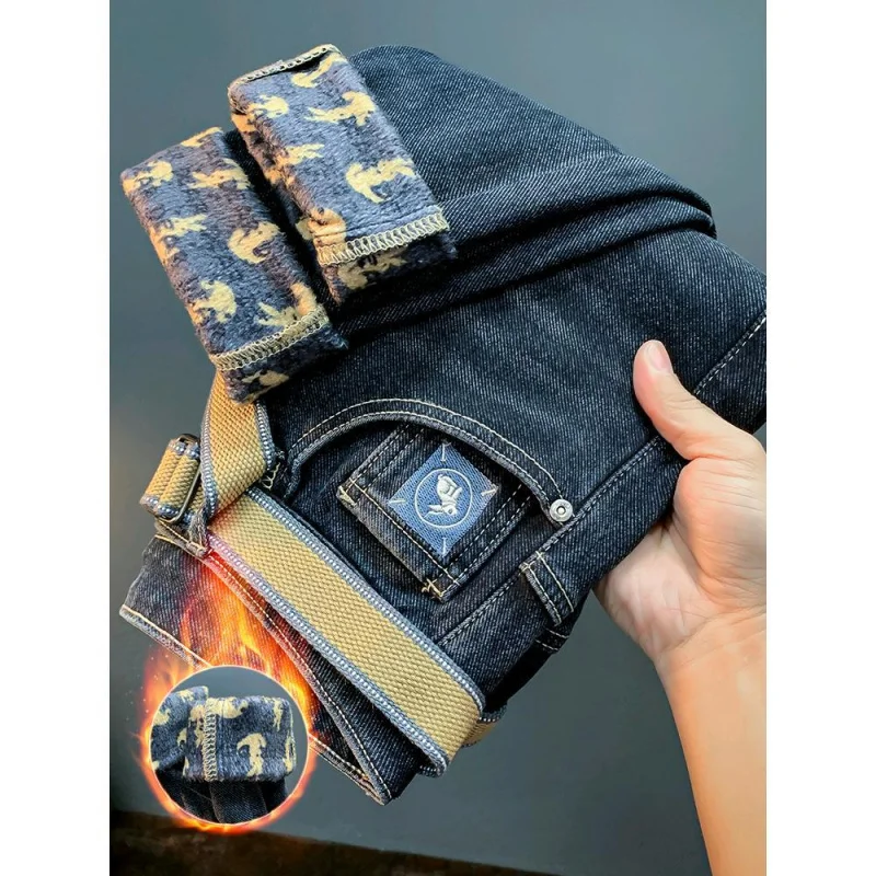 Зимние бархатные утолщенные универсальные потертые джинсы мужские новые модные