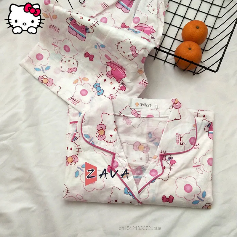 

Пижама Sanrio Женская хлопковая, комплект из двух предметов, с милым мультяшным Hello Kitty, домашняя одежда, повседневная одежда для девушек и женщ...