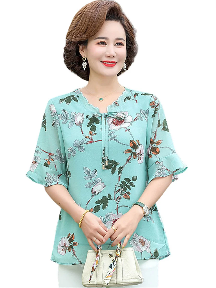 

5XL Women Summer Spring Blouses Shirts Lady Fashion Casual Short Sleeve Bow Tie Collar Ruffles Flower Printing Blusas Tops B6004