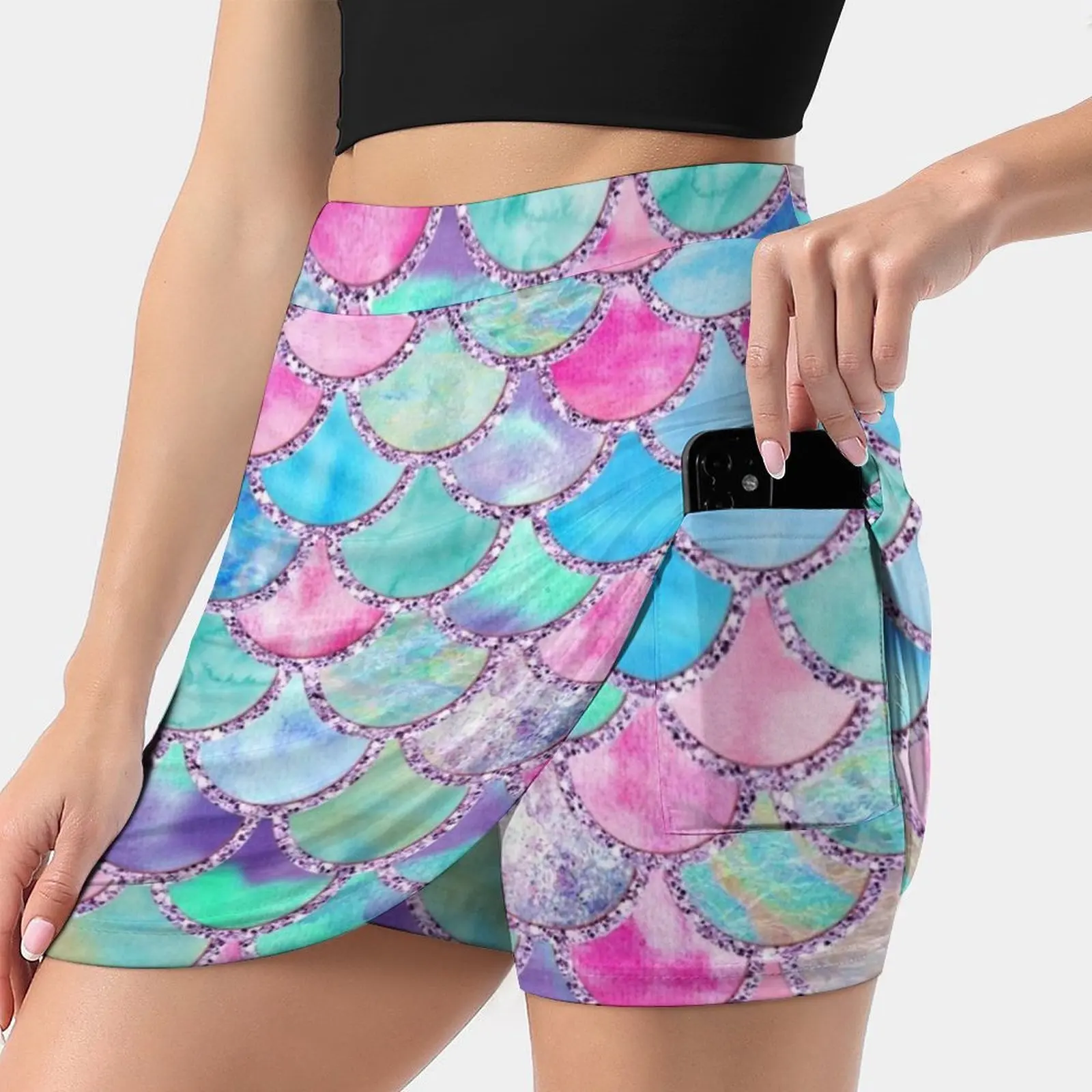 

Pink And Blue Watercolor Faux Glitter Mermaid Scales Women's skirt With Hide Pocket Tennis Skirt Golf Skirts Badminton Skirts