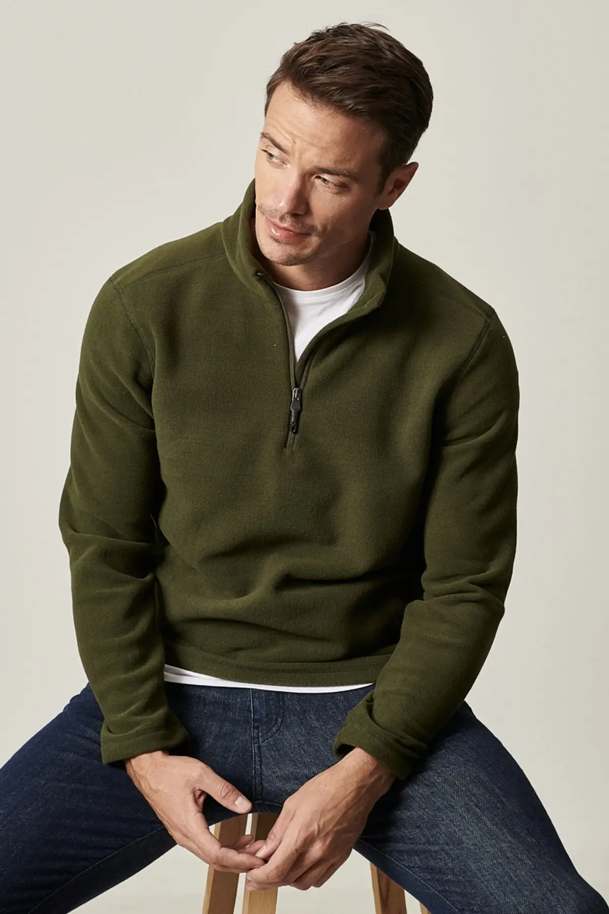 Men's Khaki Standard Fit Casual Casual Zipper Bato Collar Sport Fleece Sweatshirt