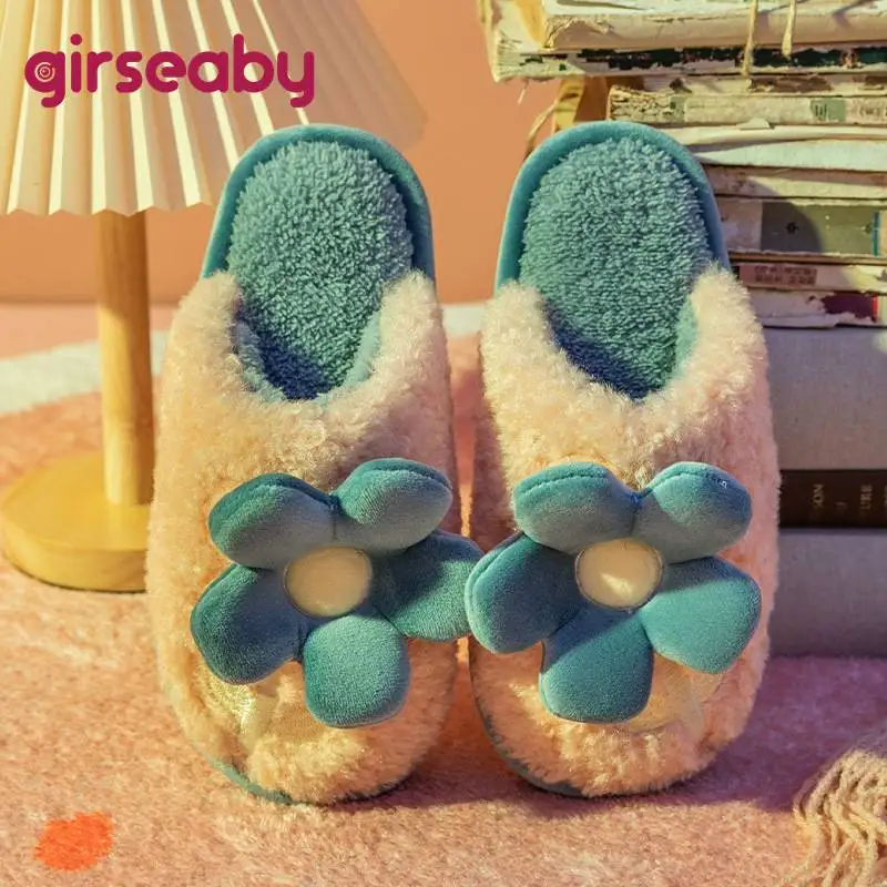 

Симпатичные домашние тапочки Girseaby 2022 для влюбленных, Нескользящие, на толстой подошве, мягкие, теплые, для дома, с цветами, для женщин, спальн...