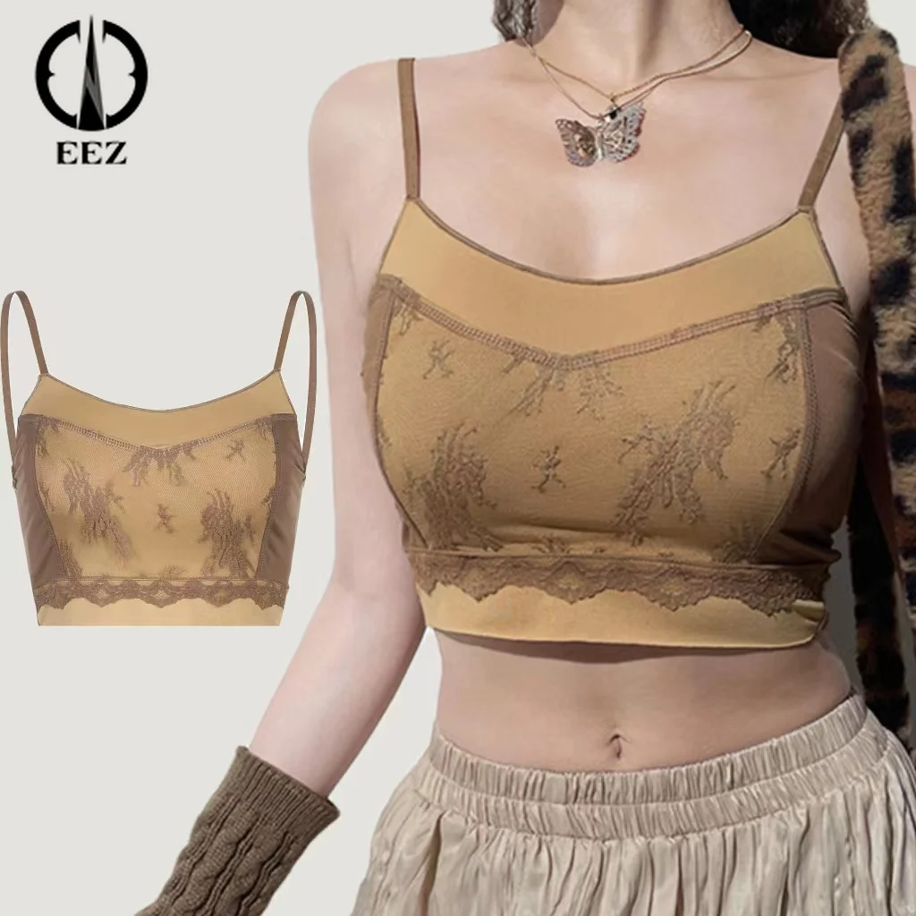 

【Vintage Brown】Skinny Camisole Women's Summer Sleeveless Lace Pattern Print Mini Sling Vest Tops Coquette Crop Tops Clubwear Y2K
