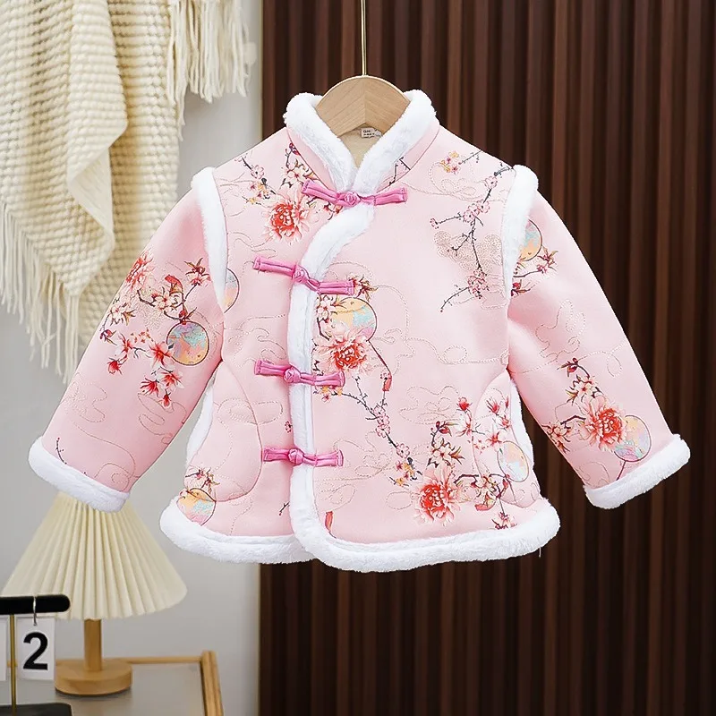 Children's Chinese-style Tang Suit Cashmere Cotton-padded Jacket Clothing Baby Girls Tray Button Warm Winter Vintage Coat