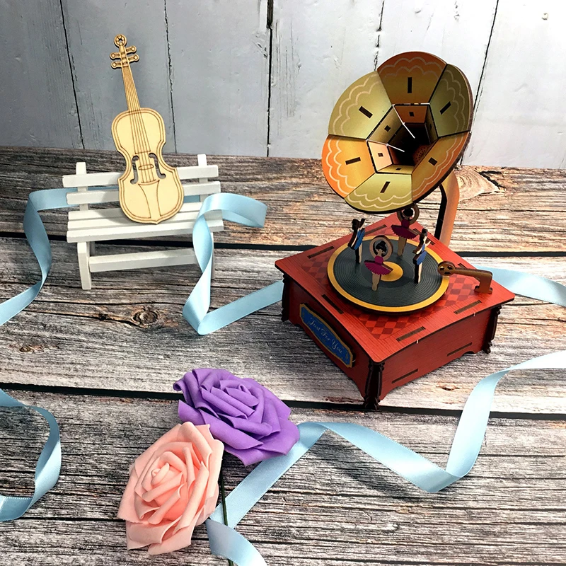 DIY 3D деревянная музыкальная шкатулка с фонографом наборы миниатюрных моделей