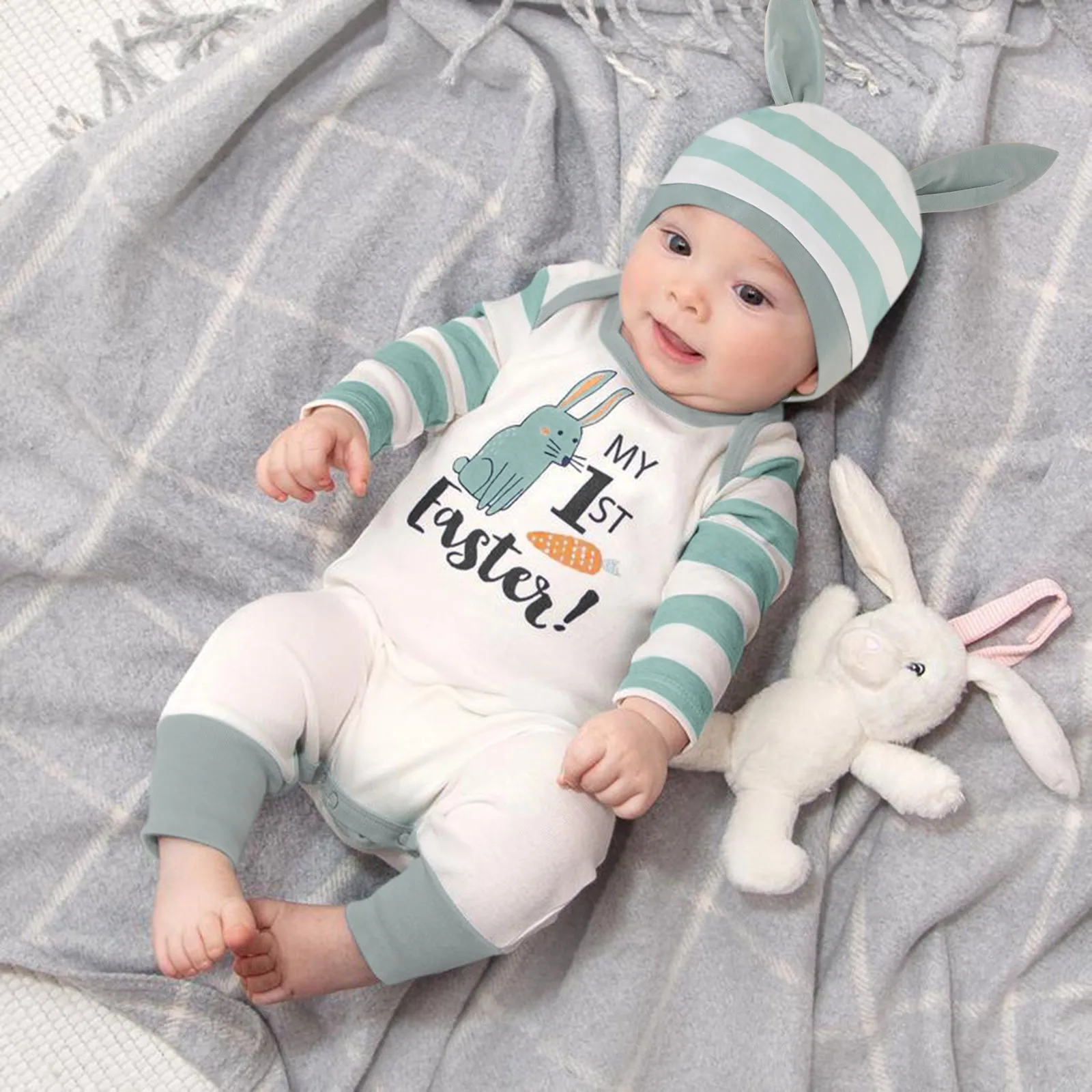 

My 1st Easter Newborn Boys Girls Clothes Rabbit Striped Print Romper Cartoon Hat Spring Long Sleeve Infant Baby Jumpsuit 0-18M